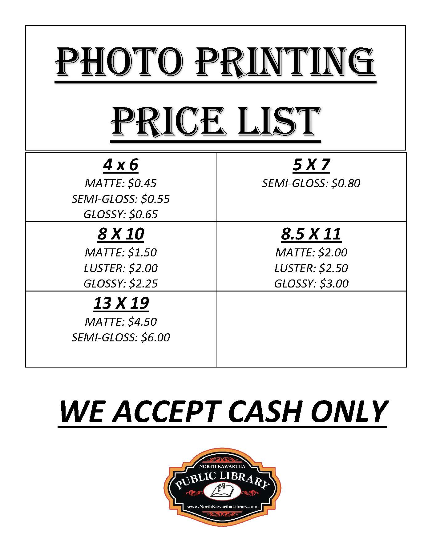 Photo Printing Price List